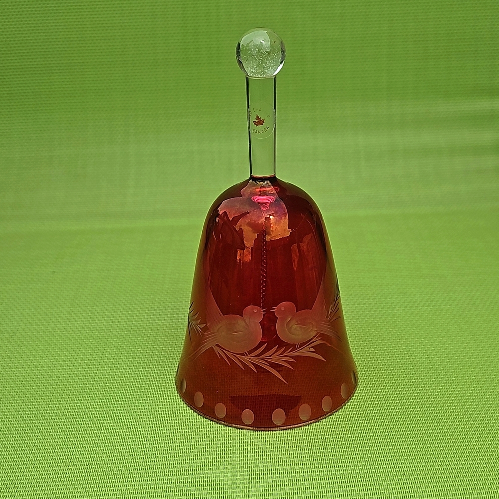 Vintage Cranberry Glass Bell  Etched Red Glass Kissing Love Birds